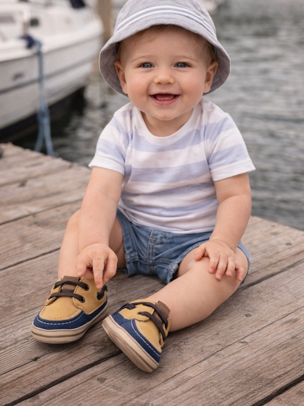 Carter’s Baby Boat Shoes Tan & Navy Sneakers 6–9M Crawler Stage Prewalker